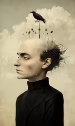 a drawing of a woman with hair coming out of her head, and a bird sitting on top of the head
