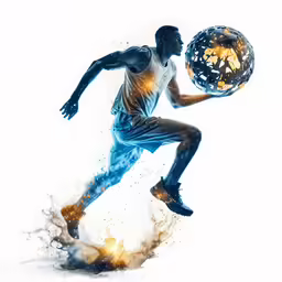 a man with a football is wearing an artistic blue outfit
