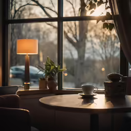a table sitting in front of a window near some furniture