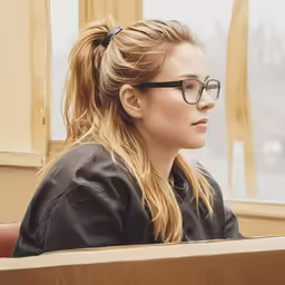 a young woman with glasses sits in a train