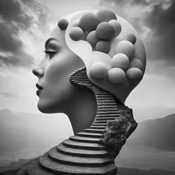 an abstract portrait with an image of a head on top of stairs