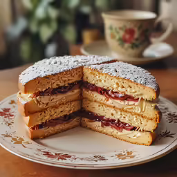 a cut in half sandwich on a plate next to a coffee cup