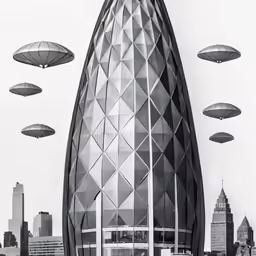 a black and white photo of a building in the middle of the air