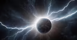 the sun with lightning behind it as it is being surrounded by clouds