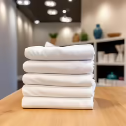 a stack of white sheets on a table in a store