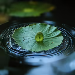 a lily pad in water with leaves hanging off