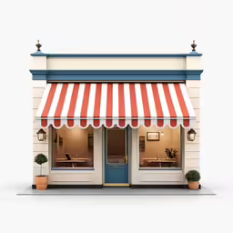 an orange and white striped awning sitting outside of a building