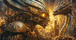 the robot man is holding the head of a lizard