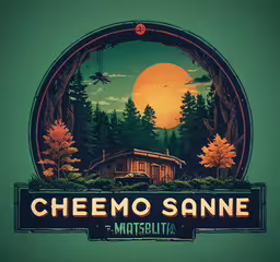 cheemo sanne poster with a cabin in the woods,the sign for chemo sansne with the sun in the background