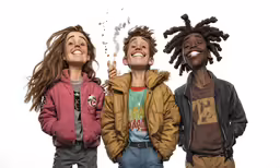 three boys and one girl in jackets laughing