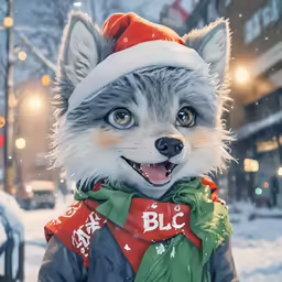 a cat wearing a santa claus hat and scarf standing in the snow
