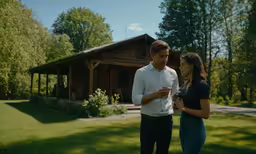 two young people stand together in the grass outside a cabin