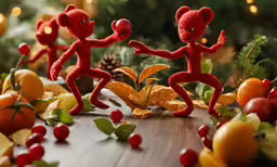 some very cute little red bears near many fruits and veggies