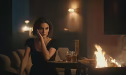 a woman is sitting at a table with an alcoholic beverage