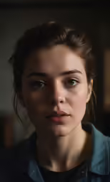 a girl with long dark hair looks up and stares forward