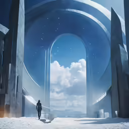 a man is standing at the entrance of an arch leading into an icy landscape