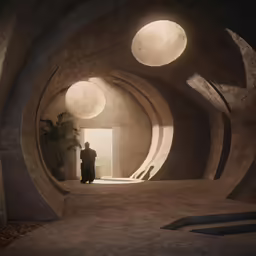 a man standing in a tunnel with three round windows