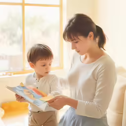 a woman reading to a little boy on his lap