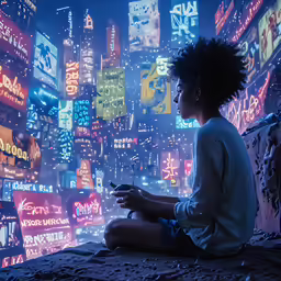 a man sitting on a ledge looking at a cell phone