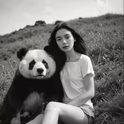 a woman that is sitting down holding a panda bear