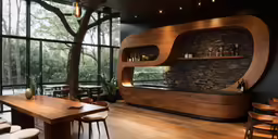 a bar with tables and chairs on either side