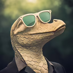 the image shows a lizard wearing glasses