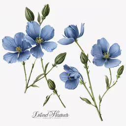 a group of three blue flowers, some with green leaves, some with blue petals,some blue flowers on a white background