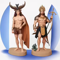 statues of two men dressed as the god and the hero