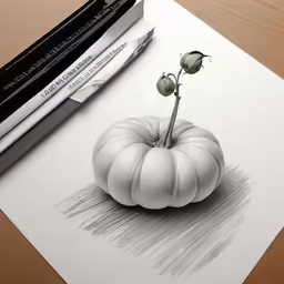 a pencil drawing of a small white pumpkin