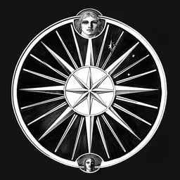 a stylized circle containing the face of an individual and four pointed rays,the front wheel of a bicycle wheel