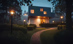 a house lit up at night with outdoor lamps
