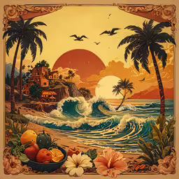 painting of a tropical sunset scene with fruit and flowers,a painting of the ocean and palm trees with a beach scene