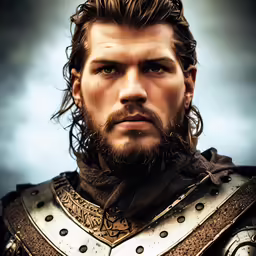 a young man dressed in medieval armor looks at the camera