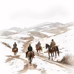 several people on horseback traveling in the snow on a trail