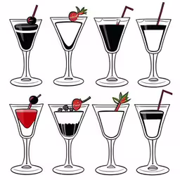 an illustration of cocktail glasses with cherry garnishes and strawberries,various types of cocktails on a white background