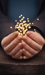 the man is holding the string light