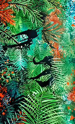 colorful trees leaves and birds painted in watercolor