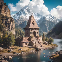 an old castle with a mountain in the background