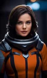 a woman dressed up in an orange and black suit with the hood down