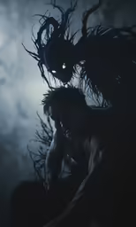a creepy evil demon with his head inside the air
