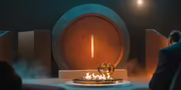 a large fireplace in a dimly lit room