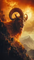 a digital painting depicting a horned man standing on the side of a mountain