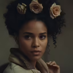 a close up of a person with flowers on their hair
