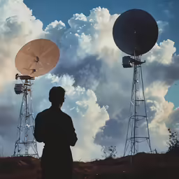 there are two antennas and a person standing in front