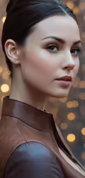 a woman in leather jacket against christmas lights