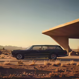 black station wagon parked near road under desert landscape