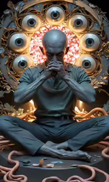 a man in lotus position surrounded by many eyeballs