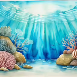 an artistic watercolor painting of corals and sea plants,a watercolor painting shows underwater scene with sea life,a painting of seashells and fish on water,a painting of corals and reef reefs under the ocean water,a painting of seashells and coral reefs with bubbles of water on them