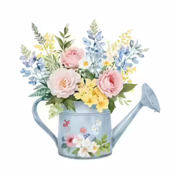 a watering can with colorful flowers in it