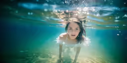 a young girl swimming under water in a lake